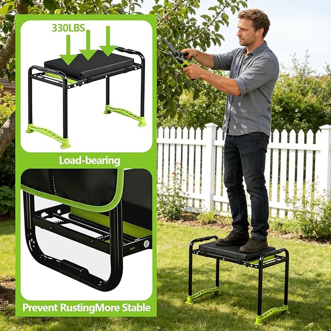 Garden Kneeler and Seat, Heavy Duty Gardening Stool with 1.8 Thick Detachable Kneeling Pad, Foldable Bench Chair with Tool Pouch and Bag for Knee & Back Pain Relief for Women, Men, Seniors (Green)
