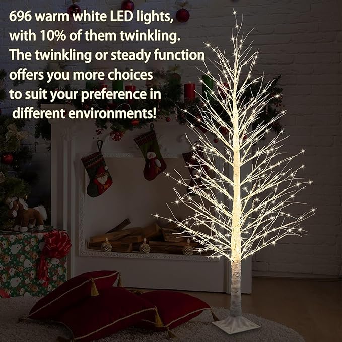 6FT 696LED Christmas Birch Tree Warm White Lights with Twinkle, LED Lighted Tree for Indoor Outdoor Home Party Decorations