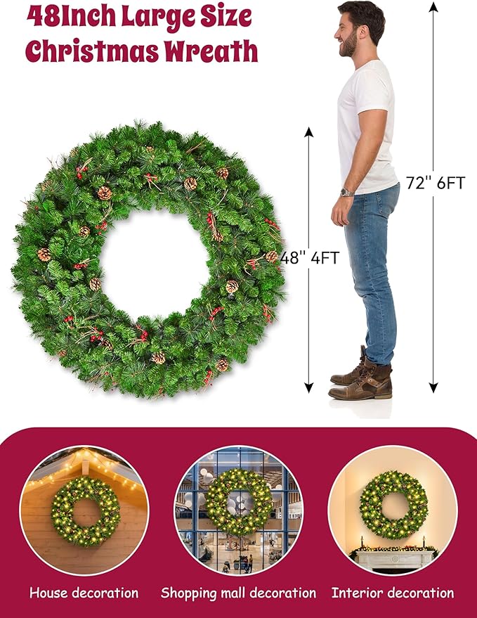 Brightown 48-inch Large Christmas Wreath with Timer and Memory Function, Featuring 200 Warm White LED Lights, PVC Pine Needles, Leaves, Red Berries and Cones, for Doors, Walls and Mantels, Plug-in