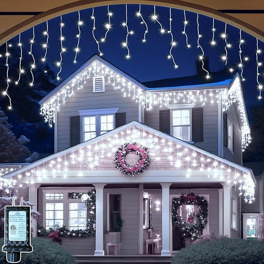131FT Outdoor Icicle Lights Cold White- Waterproof Christmas Curtain Lights, 8 Modes Twinkle Function for Patio, Wedding, Holiday, Party Decorations(Cool White)
