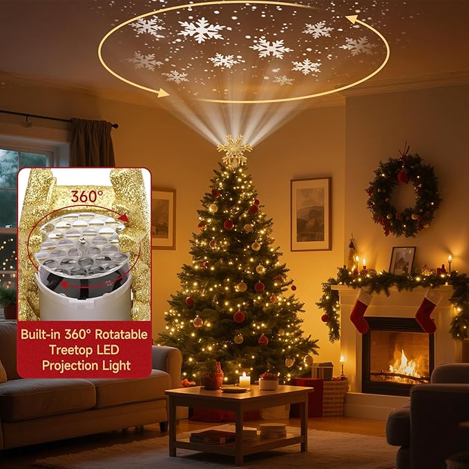 Christmas Tree Topper Lighted with Built-in LED Rotating Snowflake Projector, 3D Hollow Glitter Gold Snowflake Tree Topper for Xmas Party Holiday Christmas Decorations