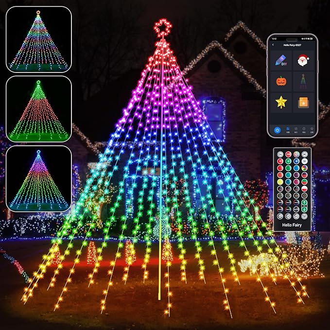 13.5FT Smart Christmas Tree Lights LED, Remote & App Control IP67 Waterproof multiple Scene Modes Waterfall Lights with Pole, Sync Music Modes Christmas Decorations for Outdoor Xmas Party Wedding