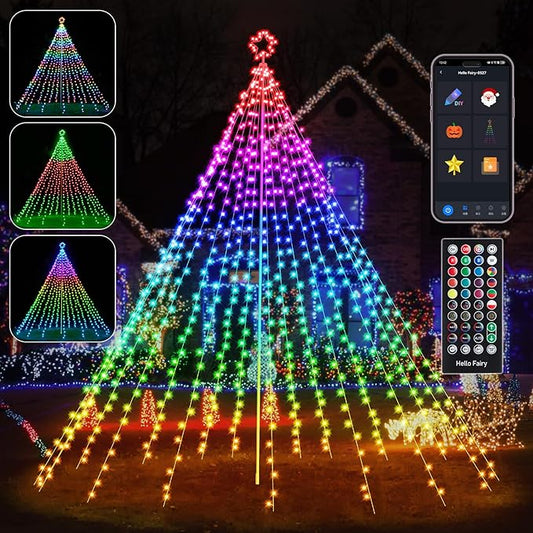 13.5FT Smart Christmas Tree Lights LED, Remote & App Control IP67 Waterproof multiple Scene Modes Waterfall Lights with Pole, Sync Music Modes Christmas Decorations for Outdoor Xmas Party Wedding