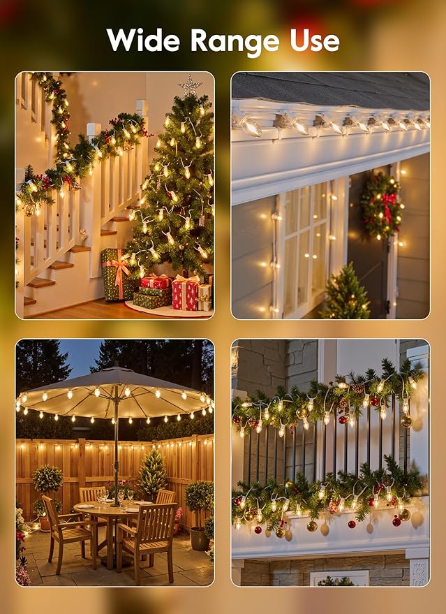 Vintage C9 LED Christmas Lights Outdoor, 25Ft C9 String Lights with 25 Shatterproof Colorful Bulbs, Waterproof Connectable Christmas Tree Lights for Roofline Holiday Garden Party Xmas Decorations