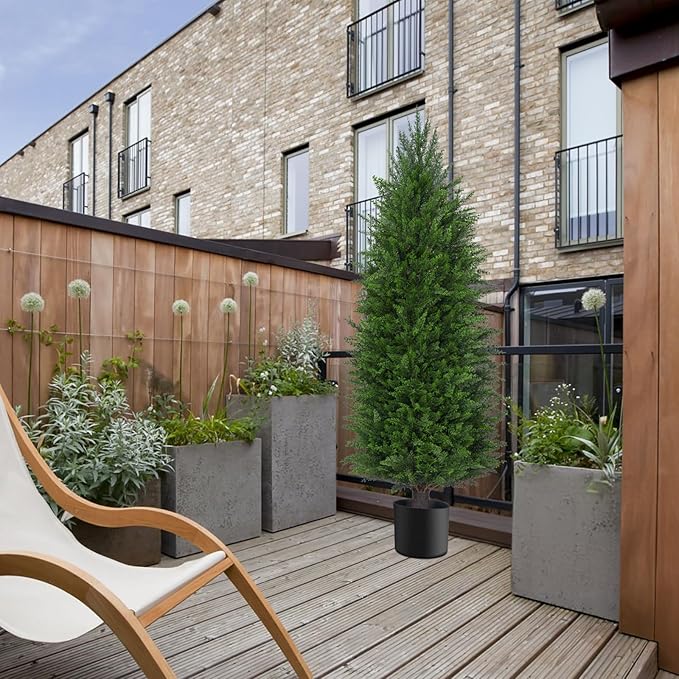 4FT Artificial Topiary Cedar Plants Outdoor, Faux Pine Trees UV Resistant and Potted, 48 Inch Tall Fake Shrubs Evergreen for Front Porch Decor Set of 2