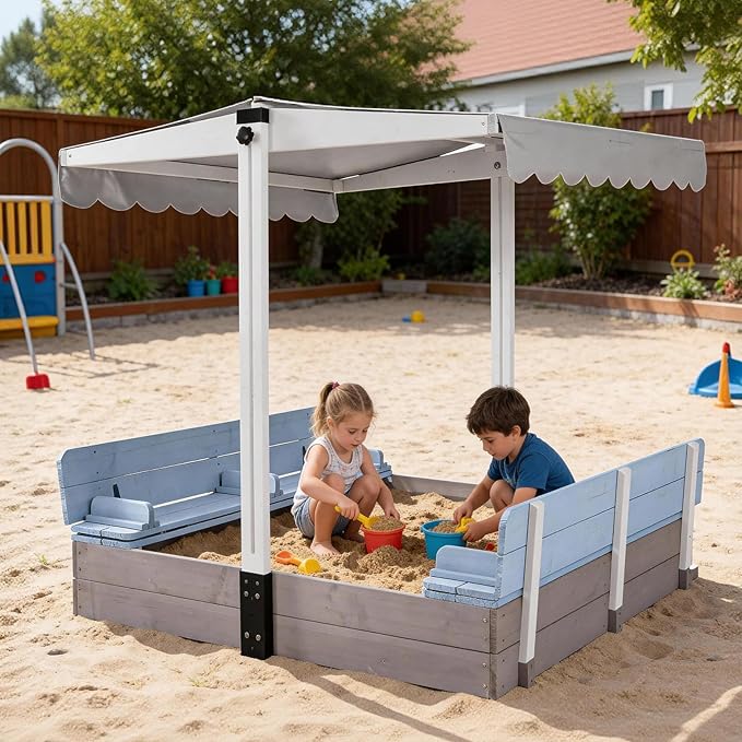 Wooden Sand Box with Cover,Sandbox with Lid Foldable Beench Seats,Sand Boxes for Backyard Garden, Beach Patio Outdoor (Sandbox-B)
