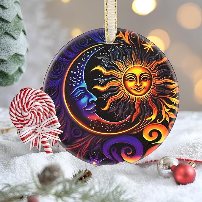 Christmas Ornaments, 3.5 Inch Ceramic Sun and Moon Hanging Ornament, Christmas Tree Ornaments, Gifts for Neighbor, Xmas Gifts, Unique Gift Idea, Perfect for Holiday Party, Tree, Window, Wall Decor
