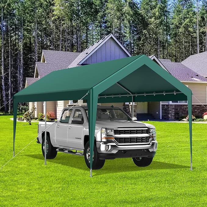 10x20FT Heavy Duty Portable Carport - All-Weather Enclosed Shelter for Cars, Trucks, SUVs & Boats, Waterproof & UV-Resistant Canopy with Removable Sidewalls, Doors, Ground Stakes (Green)
