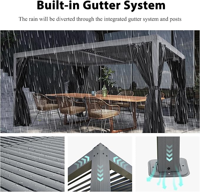 Domi 12x16FT Louvered Pergola, Full Aluminum Pergola with Adjustable Louvered Roof, Outdoor Pergola with Waterproof Curtains and Netting, Gray