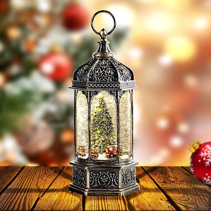 Christmas Snow Globes,Snow Ball Christmas with Music,6H Timer Cylindrical Flashing Snow Ball,Bronze Christmas Music Box Including 8 Songs, Lantern with Christmas Tree