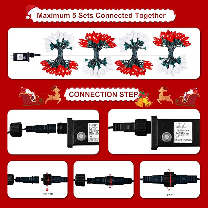 HAYATA C9 Bulbs Classic Christmas Lights - 50 LED 32ft Strawberry String Light Red&White - Extendable 8 Modes Funtion with Timer Fairy Lighting for Outdoor, Indoor, Party, Home, Tree Decorations