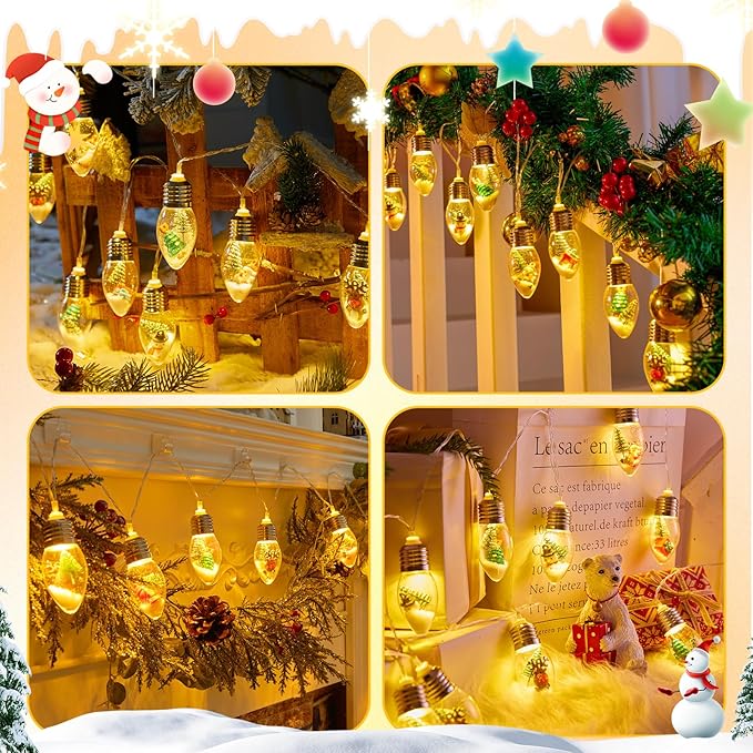 Vintage-Christmas-Lights-Indoor-String-Lights, 7.5Ft C9 Christmas Snow Globe String Lights with Tree & Snow & Cute Ornaments, 8 Modes Battery Operated Lights for Tree Garland Fireplace Xmas Decor