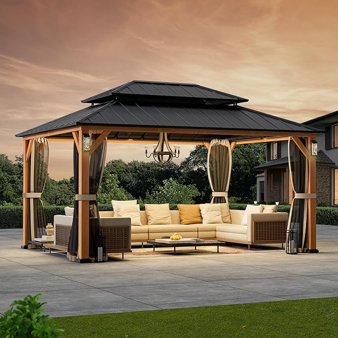 Modern Shade The Horizon Hardtop Gazebo 12' x 16' with 4 LED Lights, Permanent Outdoor Gazebo with Galvanized Steel Double Roof, Grill Pavilion with Decor Hooks, Mosquito Nettings, Wood-Looking