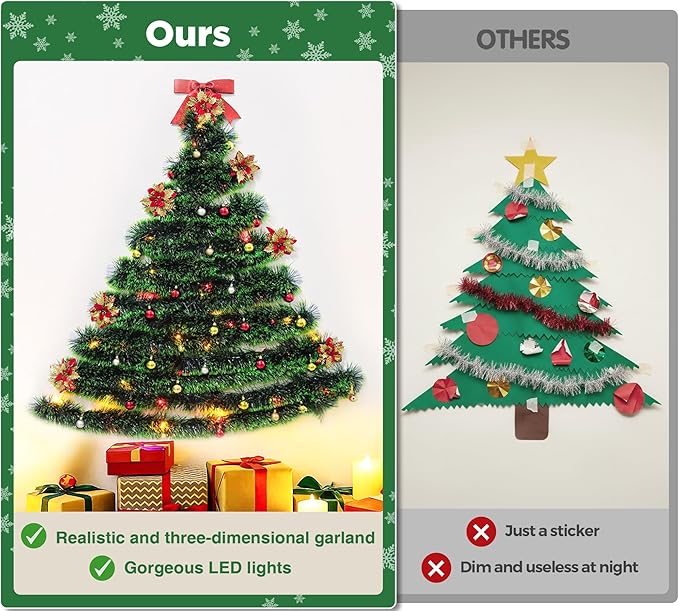 32 Feet Christmas Garland with Lights, DIY Christmas Tree Wall Corner Decor Artificial Garland with Butterfly, Flower and Balls, Battery Operated (Battery Not Included) for DIY Decoration