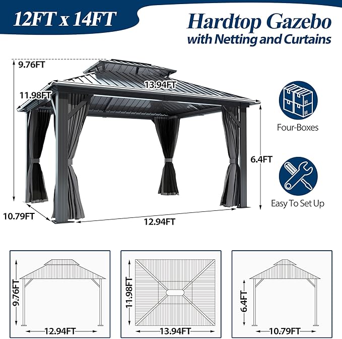 COVERONICS 12' x 14' Outdoor Galvanized Hardtop Gazebo - Aluminum Heavy-Duty Double Roof Vented Gazebo with Breathable Netting & Privacy Curtains for Patio, Porch, Garden, Lawn