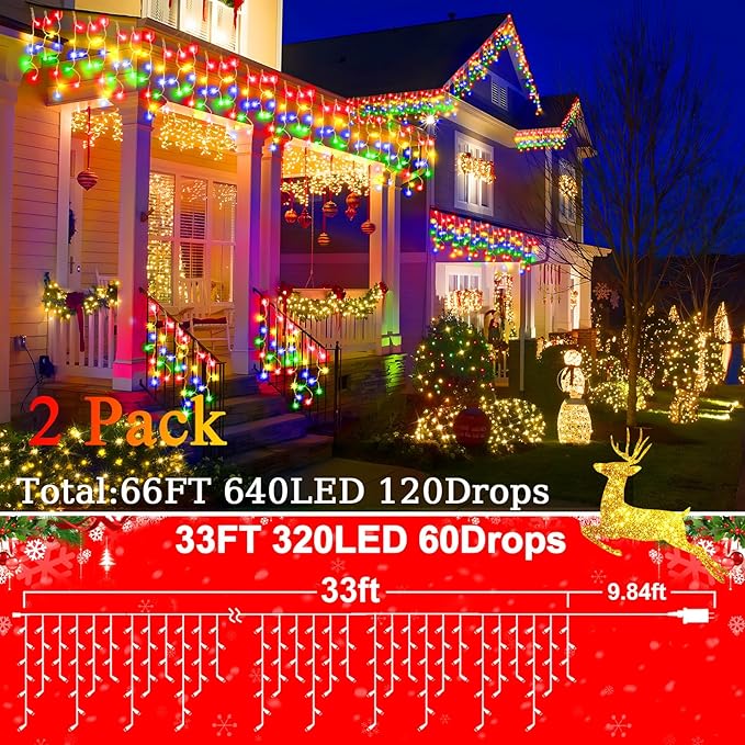 SAUIRS 2Pack 320 LED Christmas Lights Outdoor Decorations with 120 Drops Timer 8Mode 66FT Curtaing Lights Waterproof Plug in Fairy Lights for Indoor,Xmas,Party,Patio,Window,Trees Decor(Multicolor)