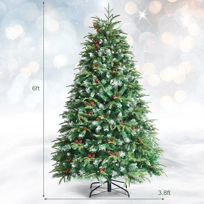 GOFLAME 6ft Pre-Lit Artificial Christmas Tree, Realistic Xmas Tree w/ 899 Branch Tips, 350 Multi-Color LED Lights, 35 Pinecones & Red Berries, Pine Tree w/ 11 Flash Modes for Holiday Decoration, Green