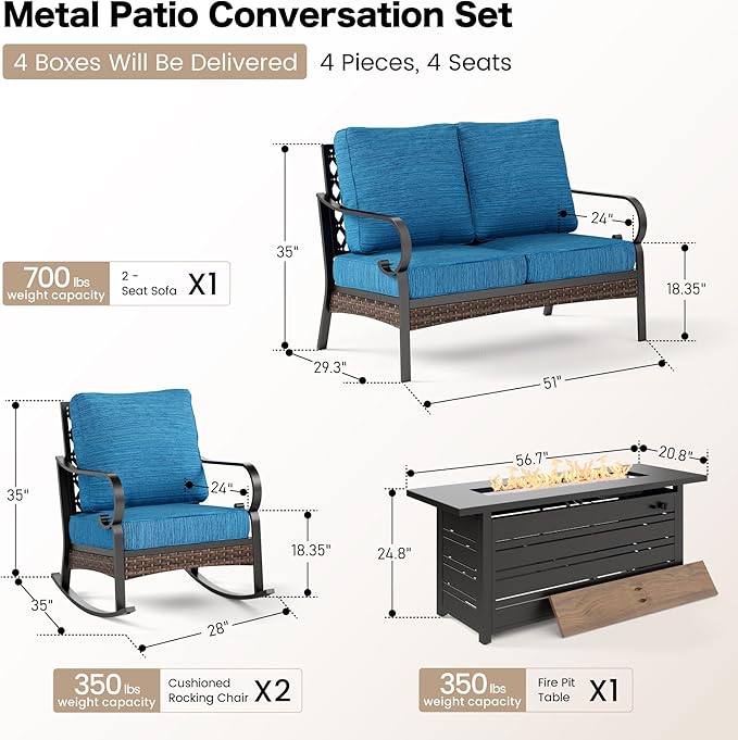 4 Piece Metal Outdoor Patio Furniture Sets with Firepit Table, Patio Conversation Sets 1 2-Seater Sofa, 2 Rocking Sofa with 5.75" Cushion Black Backyard Furniture for Deck, Blue-2
