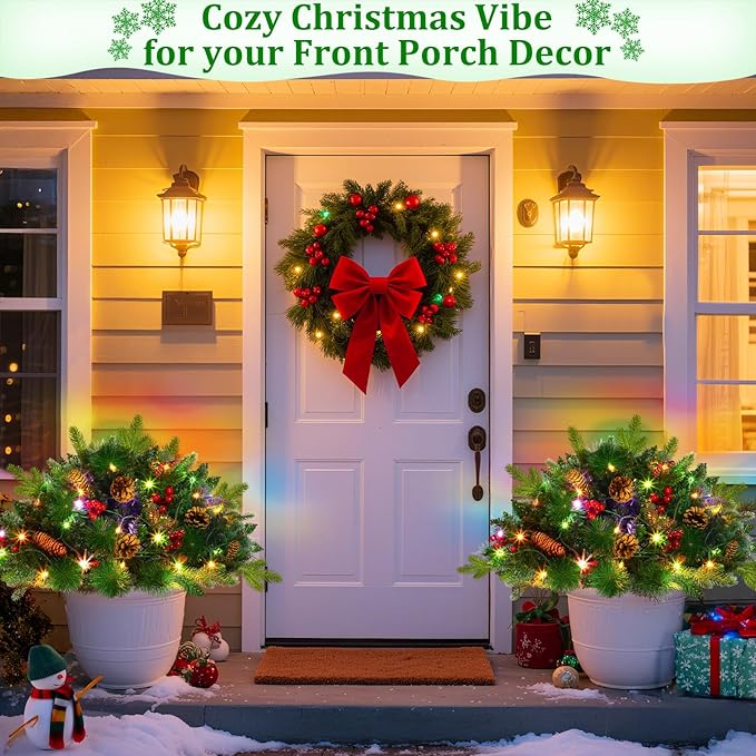 2 Pack Christmas Tree Urn Fillers, 8 Mode Timer 40 Warm&Colorful Change Lights with 3 Styles Branches Pine Cones and Berry, Battery Powered Outdoor Christmas Trees Decor for Porch Driveway Yard