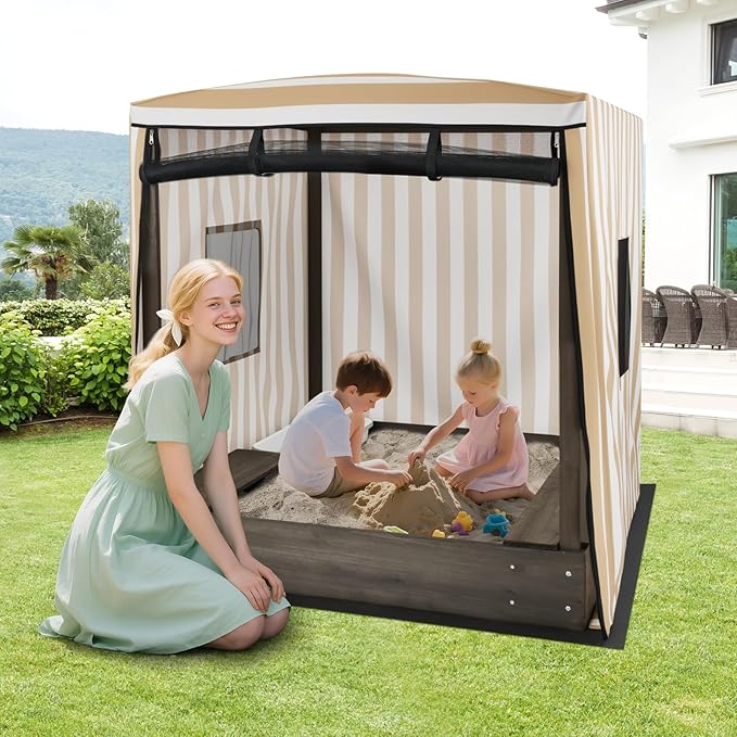 Costzon Kids Wooden Sandbox with Canopy, Large Sand Pit w/Mesh Door, Windows, Bench Seats, Foldable Storage Box & Bottom Liner, Outdoor Playhouse for Children 3+ Years Old (Pink&White)