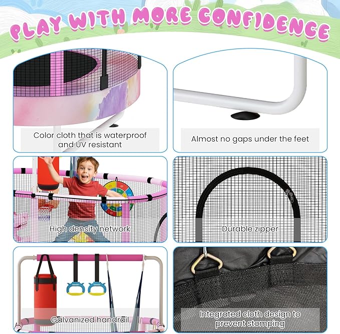 LAMERGE 55" 7-in-1 Round Trampoline for Kids Boys & Girls Ages 1-8, Indoor & Outdoor Trampoline for Fun, Adjustable Height Handrail ＆ Enclosed Safety Net ＆ Durable Designs for Toddlers Children