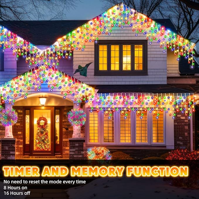 118 ft 1248 LED Christmas Outdoor Icicle Lights LED Fairy String Hanging Lights Waterproof with 8 Modes Timer for Christmas Decorations Wedding Holiday Party Roof Yard, Multicolor