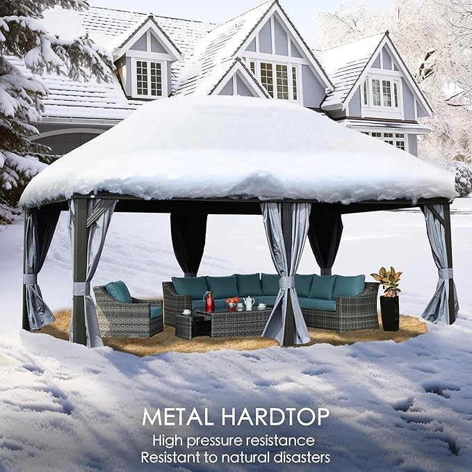 Kozyard Alexander 12' X 20' Hardtop Permanent Aluminum Metal Gazebo with Galvanized Steel Double Roof Canopy, Curtain and Netting Pavilion for Patio, Backyard, Deck, Lawn (Gray)