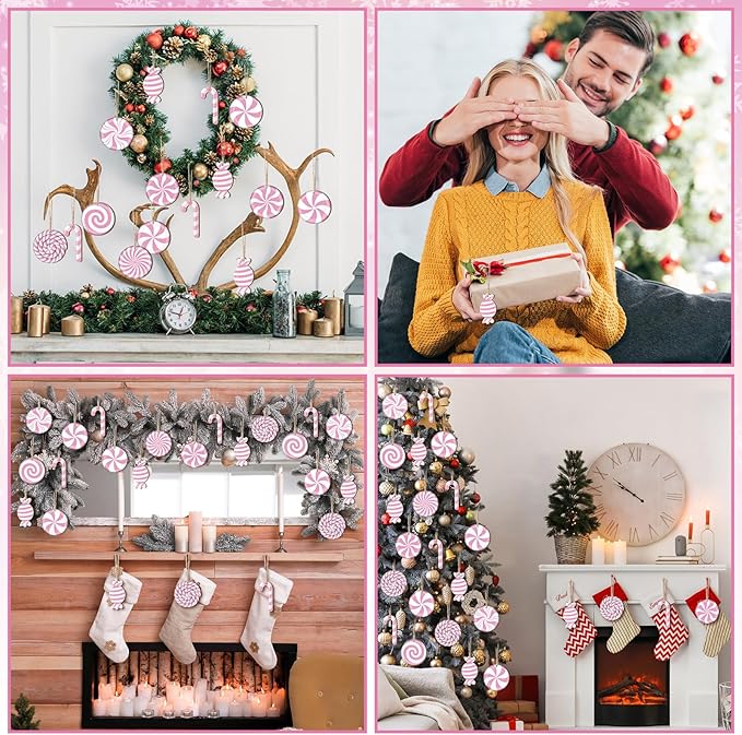 Qunclay 36 Pieces Candy Cane Christmas Ornaments Wood Hanging Lollipop Ornaments Wood Cutouts Peppermint Christmas Decor for Xmas Tree Home Decoration Party Supplies
