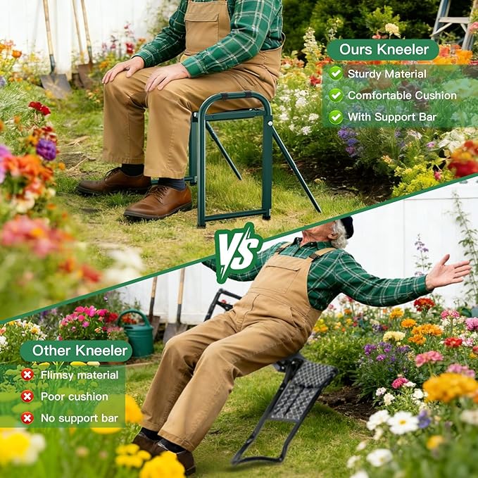 Heavy Duty Garden Kneeler and Seat for Elderly, 400lbs Capacity Foldable Gardening Stool with Support Legs & Thick Pad, Includes Large Tool Organizer Bag, Green