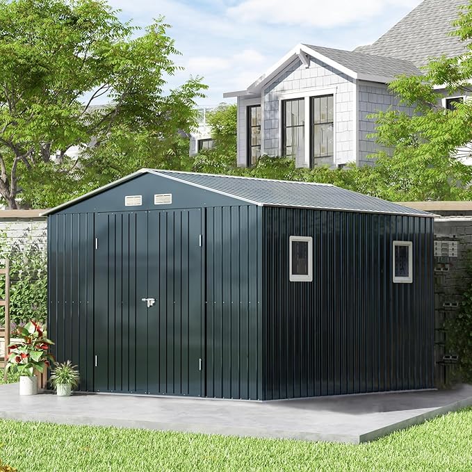 Breezz Outdoor Storage Shed 10 x 10 ft. Utility Tool Shed Metal Storage Garden Shed with Lockable Doors, Windows for Patio Storage,Nightblue