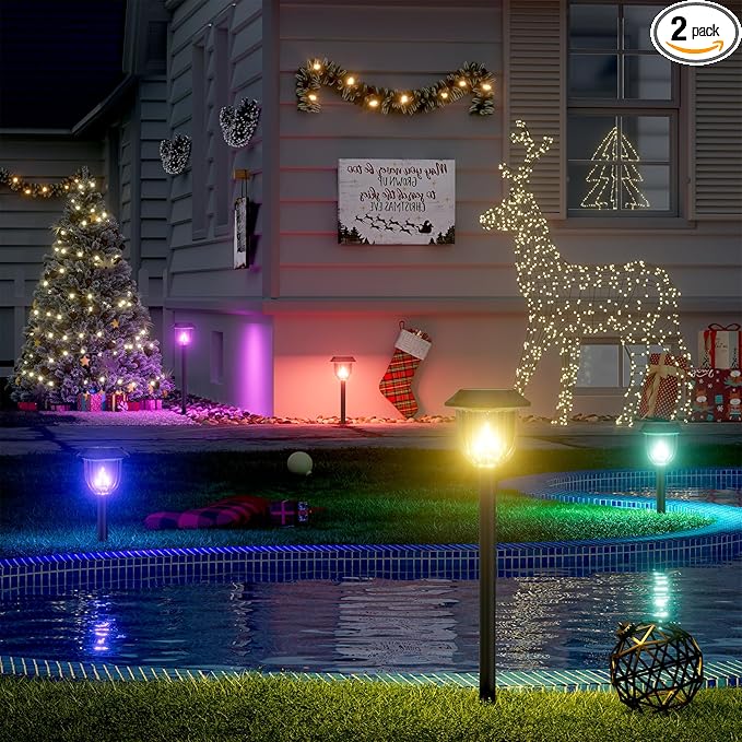 AOSEA 2 Pack Solar Pathway Lights Outdoor Waterproof - Auto RGB Color Changing Solar Lights, IP65, 12H Bright, Durable Plastic - Perfect Christmas Decor for Garden & Walkway【RGB Flash Mode Only】