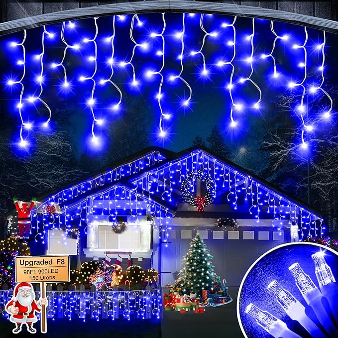 Christmas Lights Outdoor, 98FT 900LED Ice Lights for Outside, Ice String Lights with 8 Modes, Waterproof Timer Memory Hanging Light for Eaves Party Yard Garden(Blue)