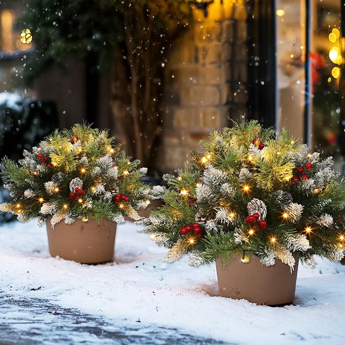 Timer Dual Color Change 2 Pack Christmas Tree Outdoor Urn Filler 24Inch Artificial Snowy Pinecone Red Berries Tripod Stake Warm White & Colorful Lights Battery Operated 8 Mode Porch Decor Pathway Yard