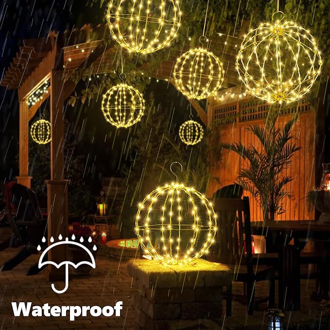 Joomer 2 Pack Christmas Big Ball Lights, 20IN & 18IN Foldable Metal Sphere Lights Waterproof with Timer, Plug-in Hanging Tree Globe Light for Christmas Decorations-Warm White (Non-connectable)