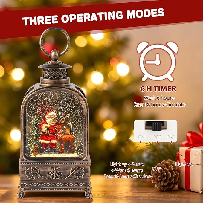 10.2 Christmas Snow Globe Santa Claus, Musical Snow Globe Lantern with 6H Timer Battery & USB Powered, Retro Style Holiday Glitter Snow Globes for Xmas Home Decoration Indoor Holiday Party Gifts