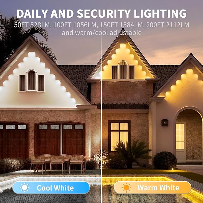 Permanent Outdoor Lights for House, 50ft RGB+IC Smart Outdoor Decor, 50 Scene Modes, App/Remote Control, IP68 Waterproof, House Eave Lights for Halloween, Christmas, Party Decor, House Roof Lighting