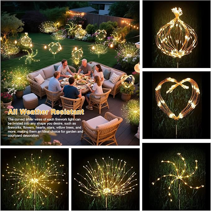 Solar Garden Firework Lights Outdoor Waterproof, 4 Pack Solar Lighting with 8 Lighting Modes, 120 LED Sparklers String Lights for Outside Decor Yard Pathway Decorations(Warm)