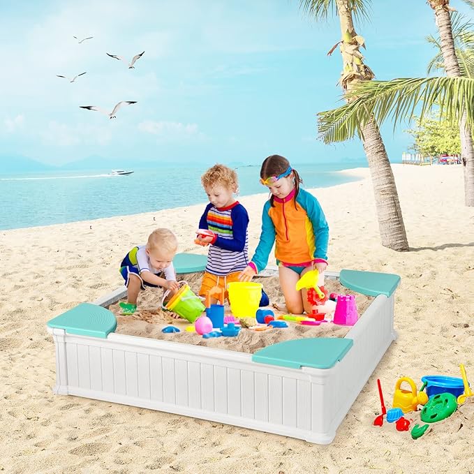 HONEY JOY 12.5 Kids Sandbox with Cover, 48 x 48 Inch Large HDPE Pit for Backyard, 4 Corner Seats & Bottom Liner, Sand Protection, All Weather Resistant Sand Boxes for Kids Outdoor (White)