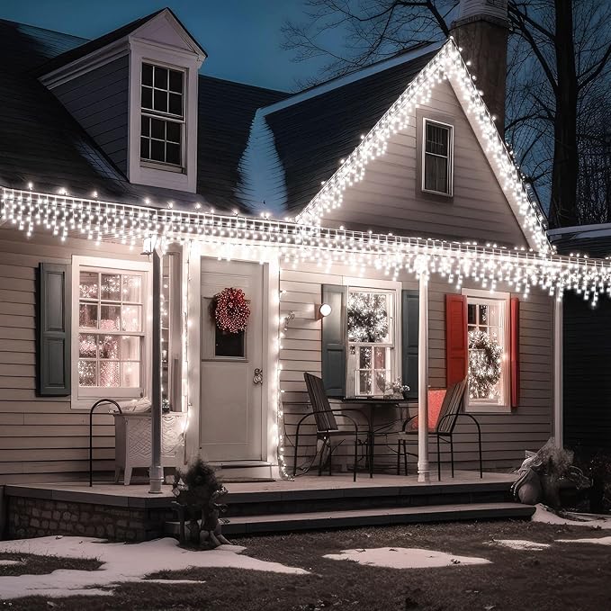 118 ft 1248 LED Christmas Outdoor Icicle Lights LED Fairy String Hanging Lights Waterproof with 8 Modes Timer for Christmas Decorations Wedding Holiday Party Roof Yard, White