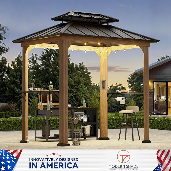 Modern Shade Grill Gazebo 6' X 8', Aluminum BBQ Gazebos with Shelves and Ceiling Hook, Grill Canopy Hardtop with Galvanized Steel Roof, Outdoor Grill Gazebo with Extra-Wide Column Design, Wood-Looking