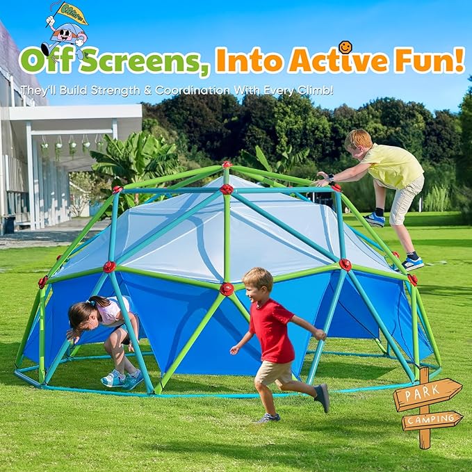 Zupapa New Upgraded Outdoor Geometric Dome Climber with Tent, 1000LBS Weight Capability, 3D Assembly Video, Suitable for 1-6 Kids Climbing Frame (Cayn+Green, 10FT)