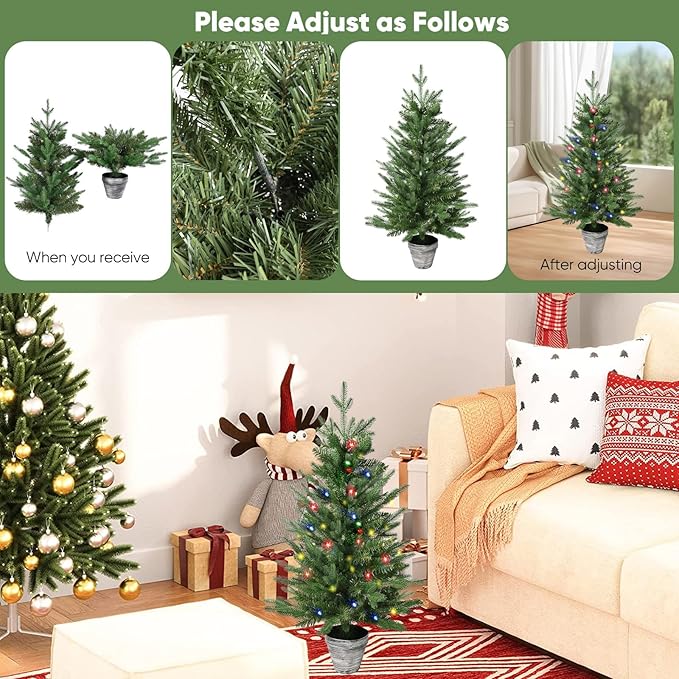 3FT Pre-Lit Christmas Tree, 2-Packs PE Branchs Xmas Tree with Color LED Lights, 8 Modes with 60 Led Lights，Artificial Christmas Trees for Holiday Decoration
