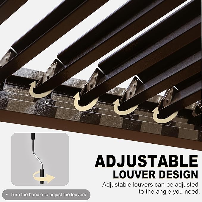 10’ x 10’ Louvered Pergola, Outdoor Pergola Aluminum Frame with Adjustable Rainproof Metal Roof, Permanent Sun Shade with Drainage System for Backyard, Garden and Lawn (Dark Brown)