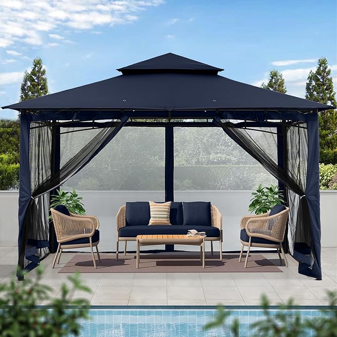 MASTERCANOPY Outdoor Garden Gazebo for Patios with Stable Steel Frame and Netting Walls (10x12,Navy Blue)