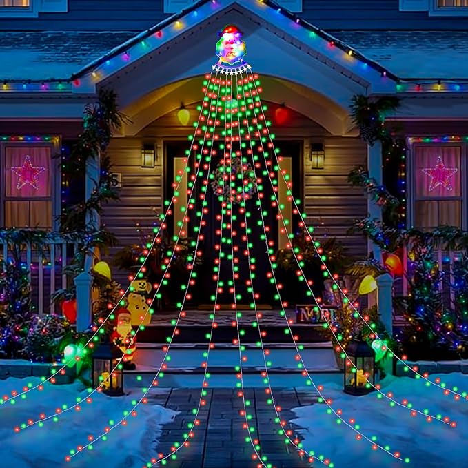 Christmas Decorations Outdoor String Lights - 335 LED 11.48ft 9 Strands Waterfall Tree Lights with Topper, 8 Lighting Modes Christmas Lights Indoor Decorative for Wedding Yard Party Home