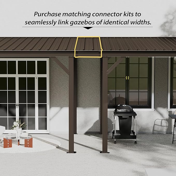 Domi 12'x20' Hardtop Lean to Gazebo with Gutters, Connectable Wall Mounted Gazebo Pergola with Galvanized Steel Roof, 60MPH Wind Resistance, Outdoor Large Metal Canopy, for Patio, Deck, Lawn - Brown