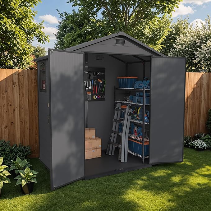 Patiowell 6X4 FT Plastic Outdoor Storage Shed with Floor, Resin Outside Tool Sheds with Window and Lockable Door for Backyard, Garden, Tool Storage Usage, Easy to Install, Dark Grey
