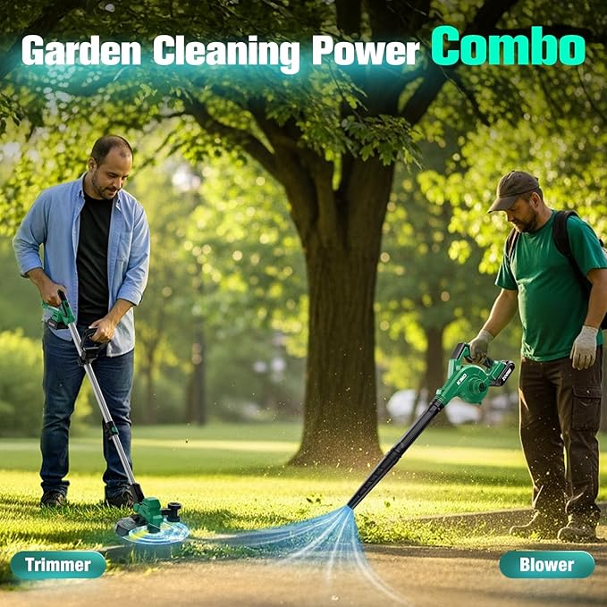 KIMO Weed Wacker and Blower Combo with 2 x 2.0Ah Battery & Charger, 12 Inch Electric Weed Eater w/6pcs Line Spools, 4-in-1 Leaf Blower Cordless w/Vacuum, 3 Nozzles & 20 Extended Tube for Yard, Garden