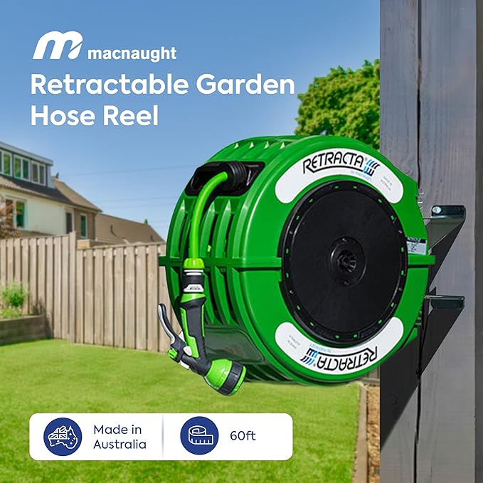Macnaught Retractable Garden Hose Reel, 60 Ft Water Hose Reel Heavy Duty Retractable Hose with Metal 180¡Æ Swivel Rotation Bracket for Wall Mount - Green