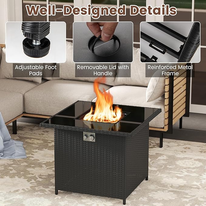 Tangkula 32.5 Inch Propane Fire Pit Table, Outdoor Rattan Gas Firepit with Tempered Glass Tabletop & Stainless Steel Burner, Square Fire Pit with Lava Rocks & Protective Cover for Outside Patio